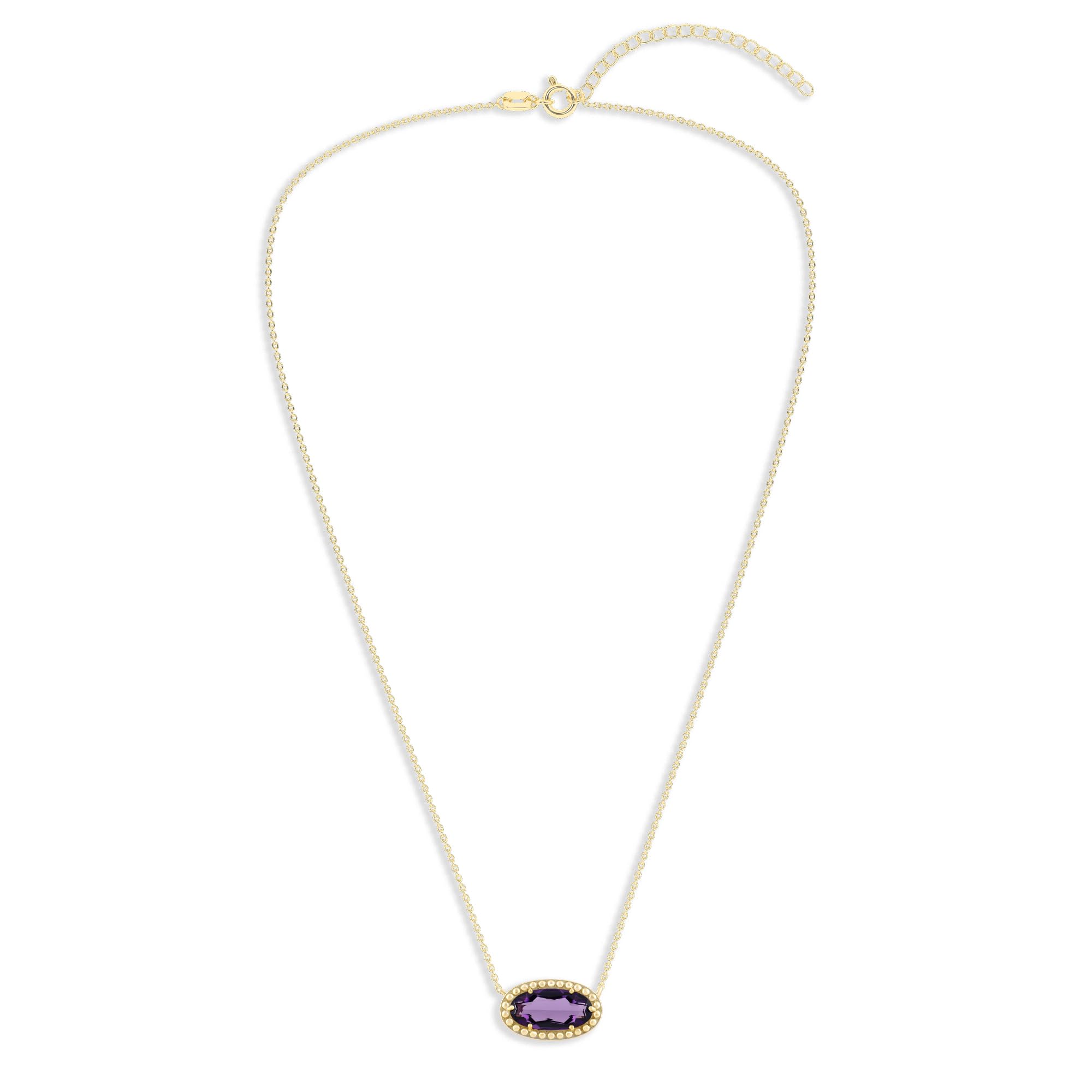 Oval Gemstone Necklace in 14K Gold Plated Sterling Silver, Oval Pendant Size 6 * 12mm, 15" Cable Chain with 2" Extender, Gift Box Included - Apr, White Zircon