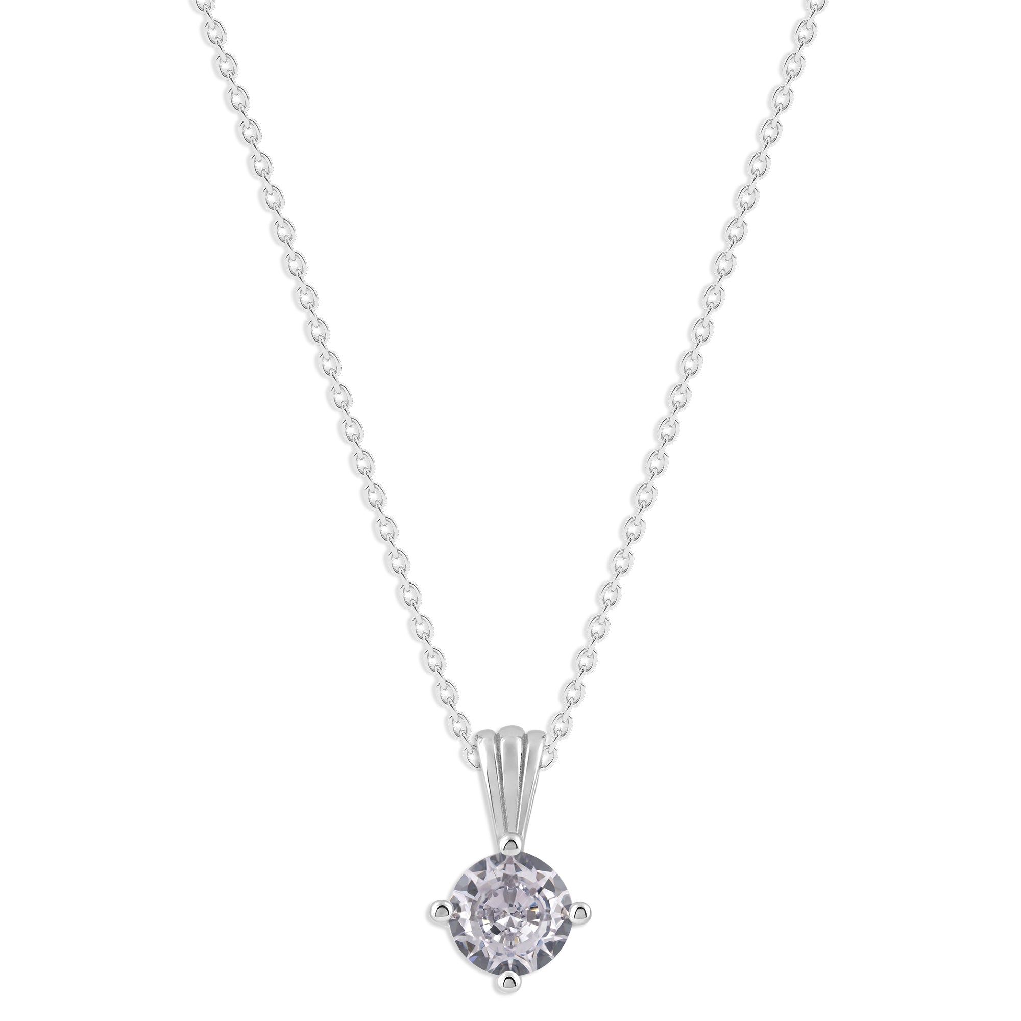Gemstone Necklace in Sterling Silver, Round Pendant Size 6.5 * 6.5mm, 15" Cable Chain with 2" Extender, Gift Box Included - Apr, White Zircon