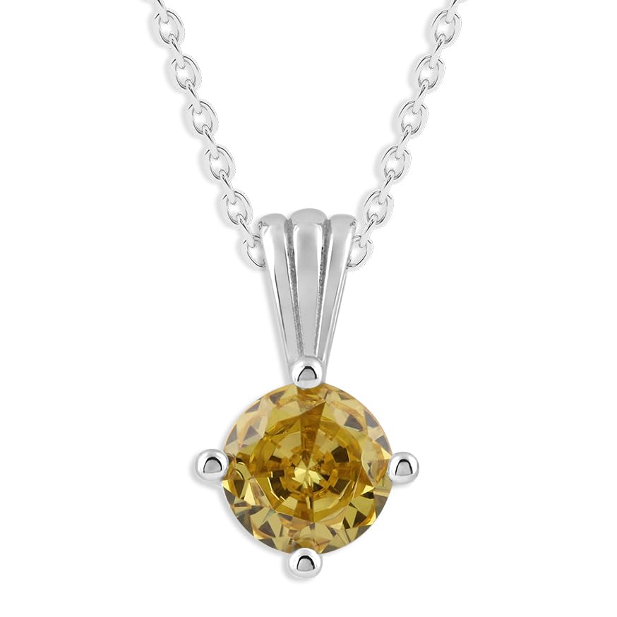Gemstone Necklace in Sterling Silver, Round Pendant Size 6.5 * 6.5mm, 15" Cable Chain with 2" Extender, Gift Box Included - Apr, White Zircon