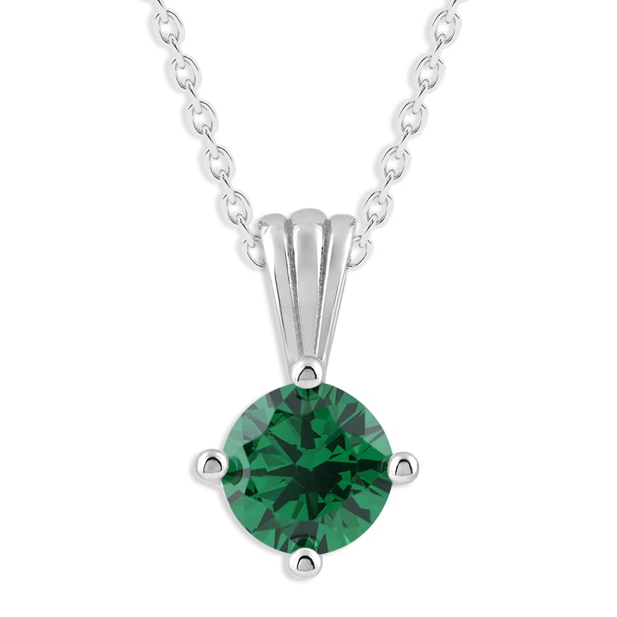 Gemstone Necklace in Sterling Silver, Round Pendant Size 6.5 * 6.5mm, 15" Cable Chain with 2" Extender, Gift Box Included - Apr, White Zircon
