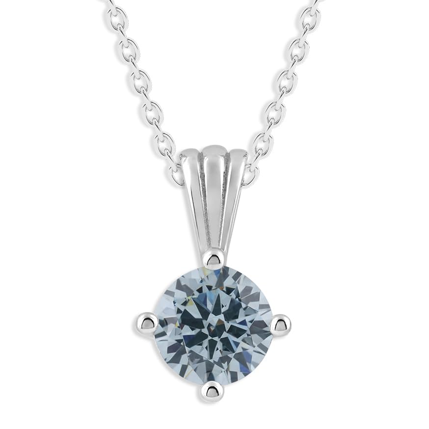 Gemstone Necklace in Sterling Silver, Round Pendant Size 6.5 * 6.5mm, 15" Cable Chain with 2" Extender, Gift Box Included - Apr, White Zircon