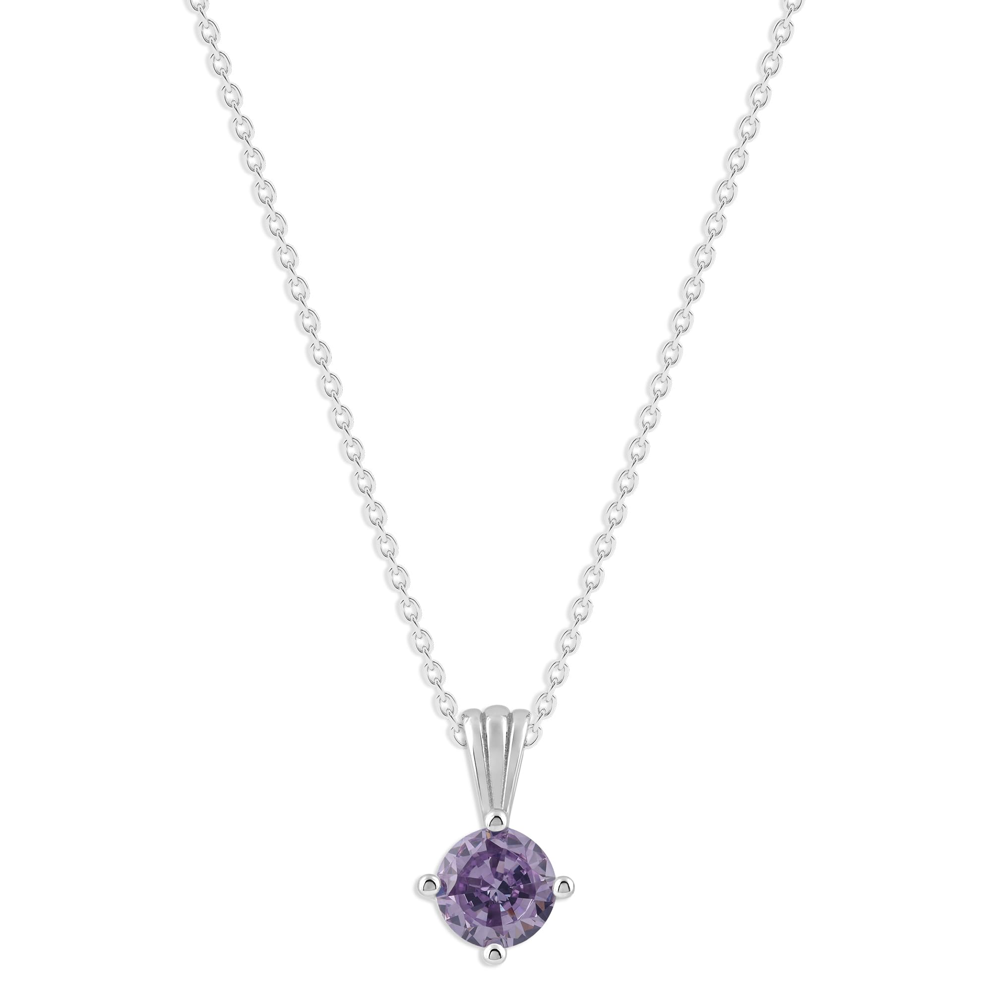 Gemstone Necklace in Sterling Silver, Round Pendant Size 6.5 * 6.5mm, 15" Cable Chain with 2" Extender, Gift Box Included - Apr, White Zircon