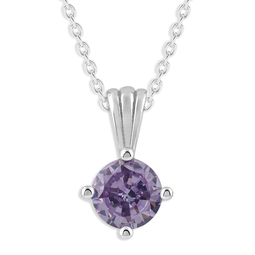 Gemstone Necklace in Sterling Silver, Round Pendant Size 6.5 * 6.5mm, 15" Cable Chain with 2" Extender, Gift Box Included - Apr, White Zircon