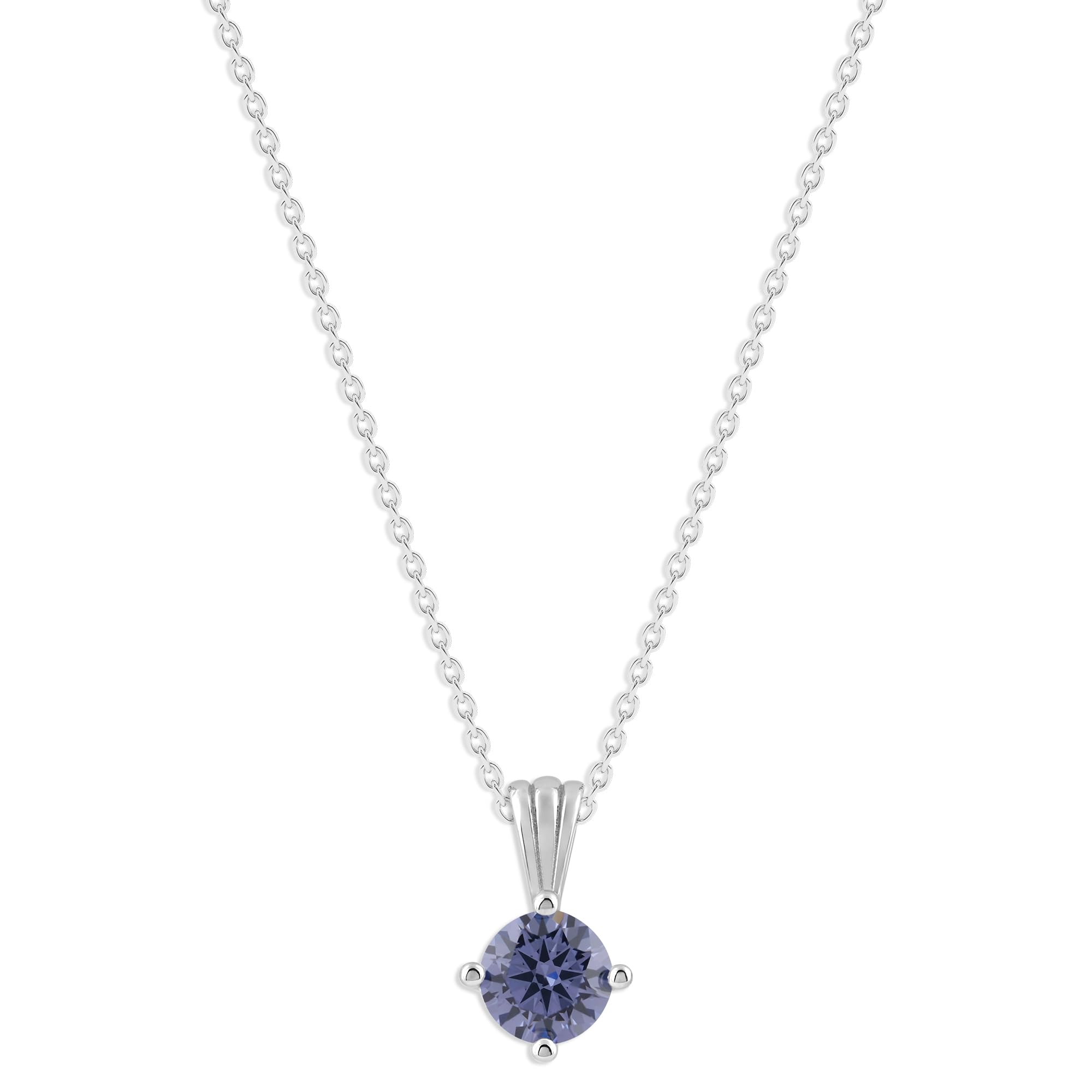 Gemstone Necklace in Sterling Silver, Round Pendant Size 6.5 * 6.5mm, 15" Cable Chain with 2" Extender, Gift Box Included - Apr, White Zircon