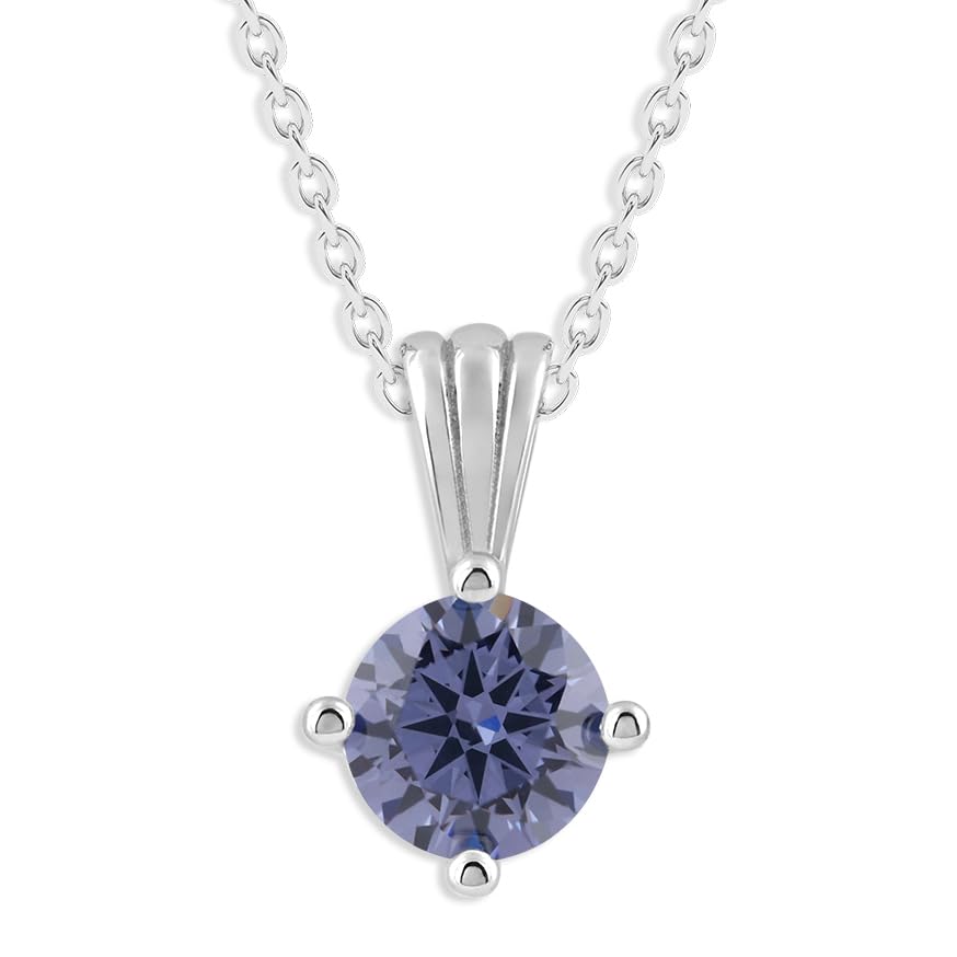 Gemstone Necklace in Sterling Silver, Round Pendant Size 6.5 * 6.5mm, 15" Cable Chain with 2" Extender, Gift Box Included - Apr, White Zircon