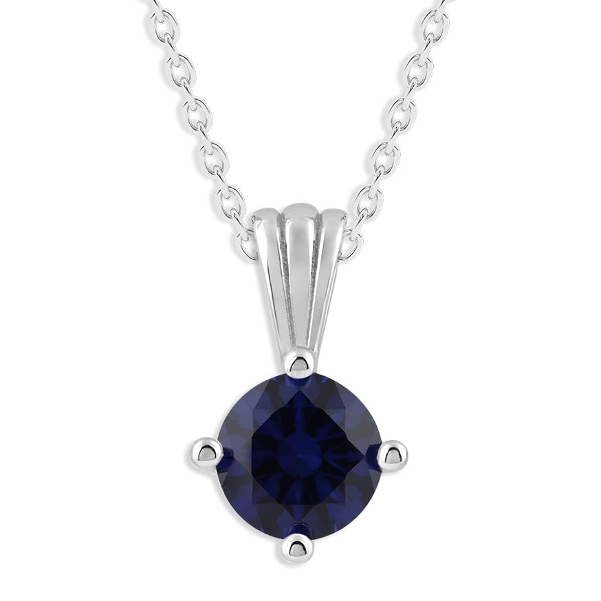 Gemstone Necklace in Sterling Silver, Round Pendant Size 6.5 * 6.5mm, 15" Cable Chain with 2" Extender, Gift Box Included - Apr, White Zircon