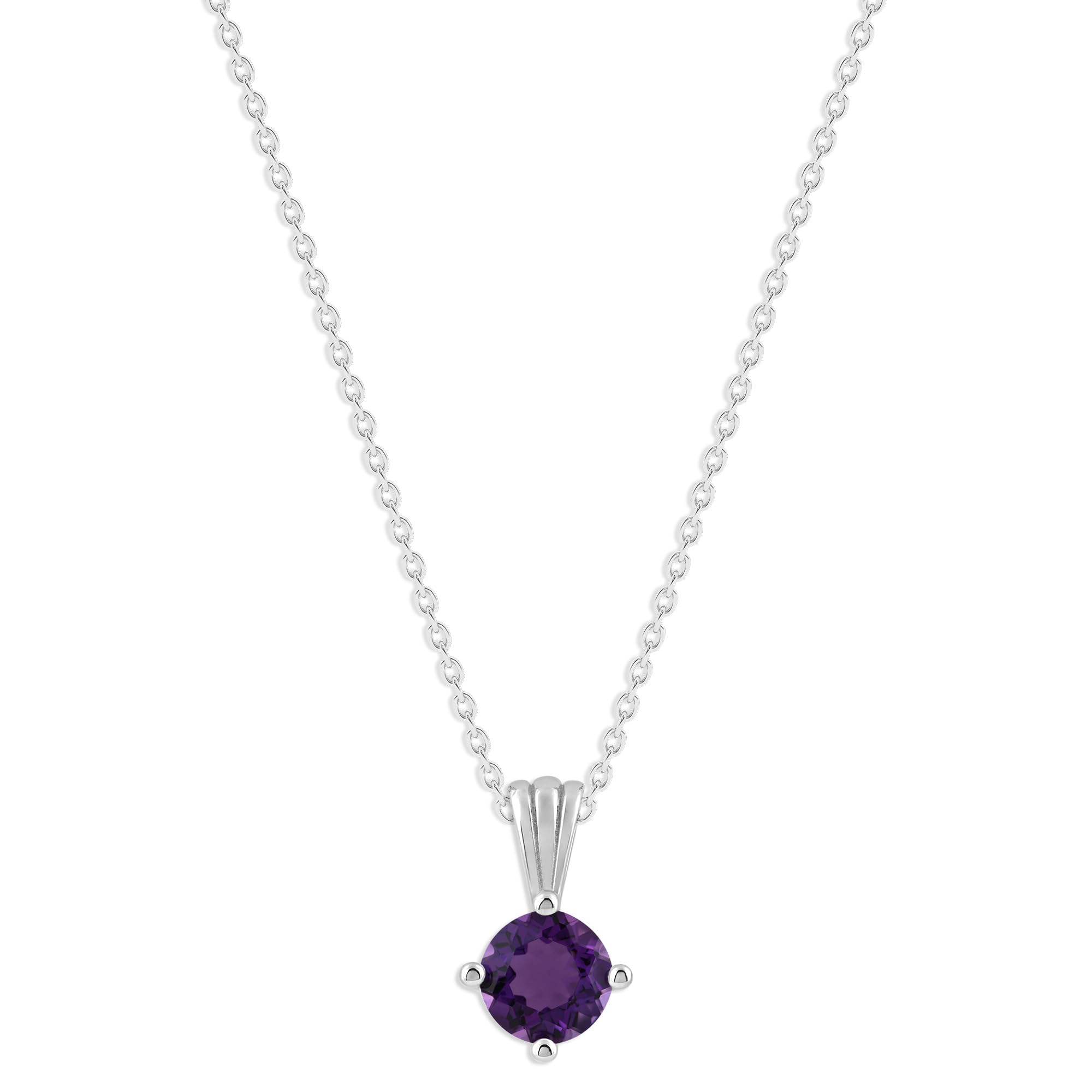Gemstone Necklace in Sterling Silver, Round Pendant Size 6.5 * 6.5mm, 15" Cable Chain with 2" Extender, Gift Box Included - Apr, White Zircon